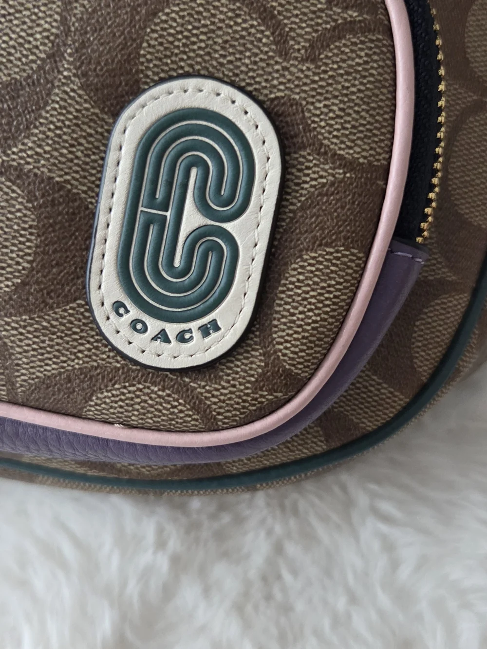 Coach Signature Canvas Belt Bag in Brown with Purple & Pink Trim